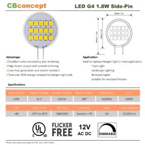 CBconcept UL Listed, SidePin G4 LED Light Bulb, 10 Pack, 1.8 Watt, Dimmable,220 Lumen, Warm White 3000K, 180 Degree Beam Angle, 12 Volt,20W Equivalent, G4 Bi Pin Base Halogen Replacement Bulb