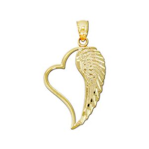 charm america - gold angel wing inside heart charm - 10 karat solid gold