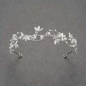 SWEETV Bridal Pearl Headband Silver-Leaf Crystal Bridal Headpiece Wedding Hair Accessories Jewelry Tiara for Women, Diameter: 14.5 cm