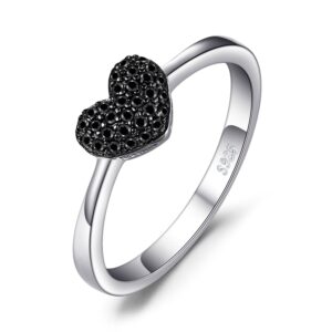 jewelrypalace love heart genuine black spinel rings for her, 14k white gold 925 sterling silver promise ring for women, natural gemstone jewelry sets rings size 5