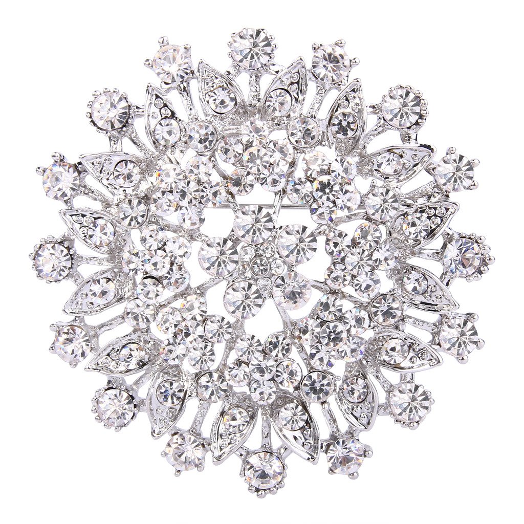 EVER FAITH Women's Austrian Crystal Elegant Flower Leaf Bridal Corsage Brooch Pin Clear Silver-Tone