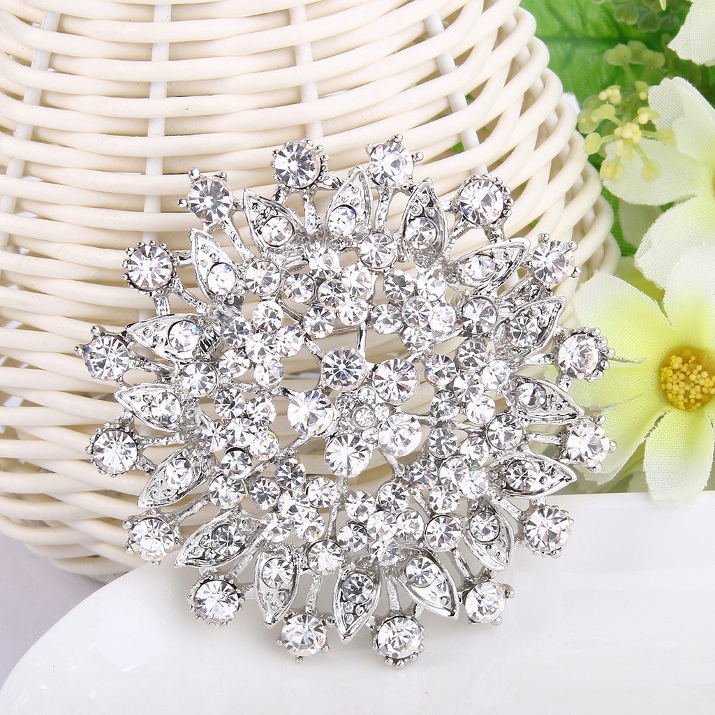 EVER FAITH Women's Austrian Crystal Elegant Flower Leaf Bridal Corsage Brooch Pin Clear Silver-Tone