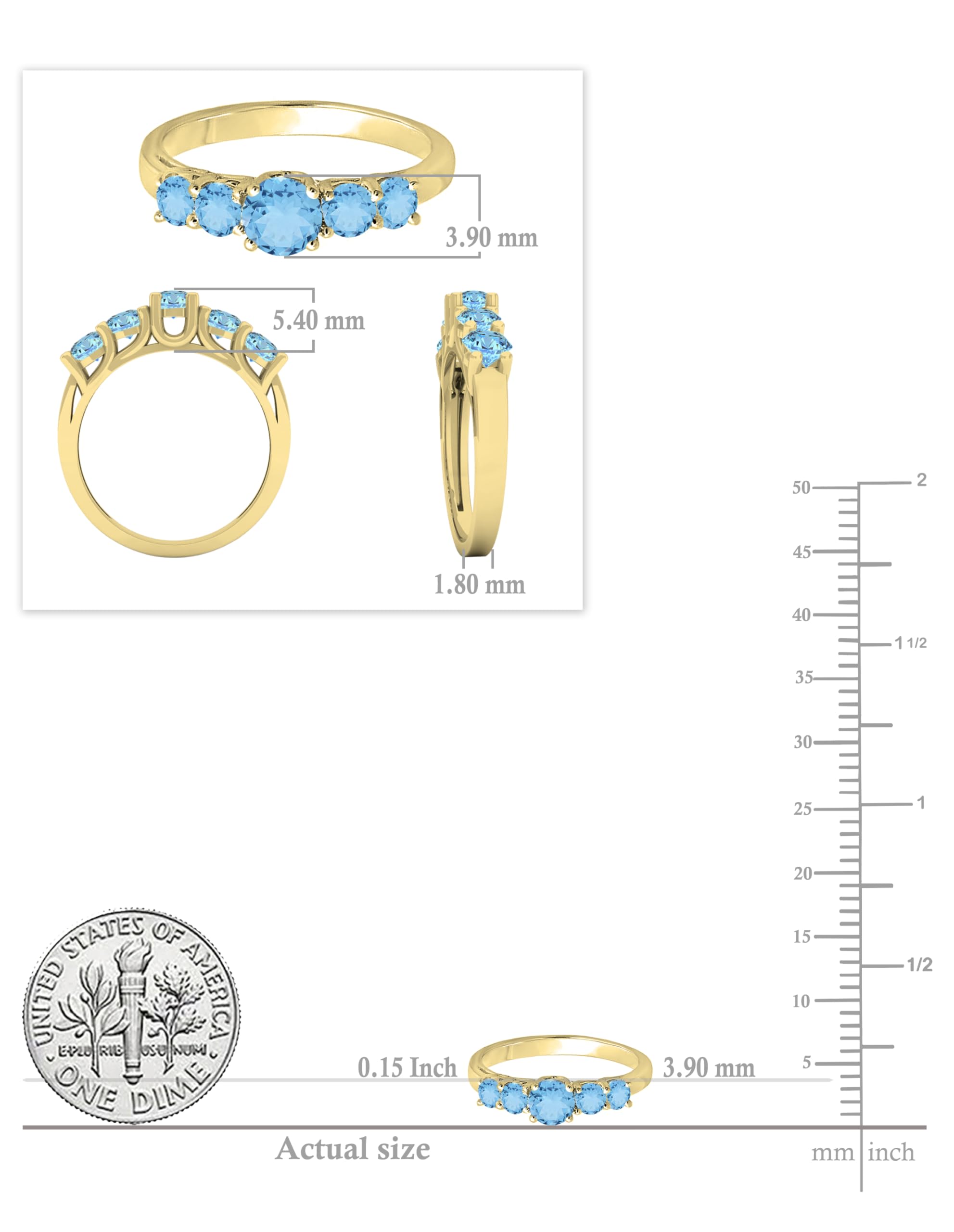 Dazzlingrock Collection 3.8mm Round Blue Topaz 5 Stone Style Wedding Ring Band for Women in 14K Yellow Gold, Size 7