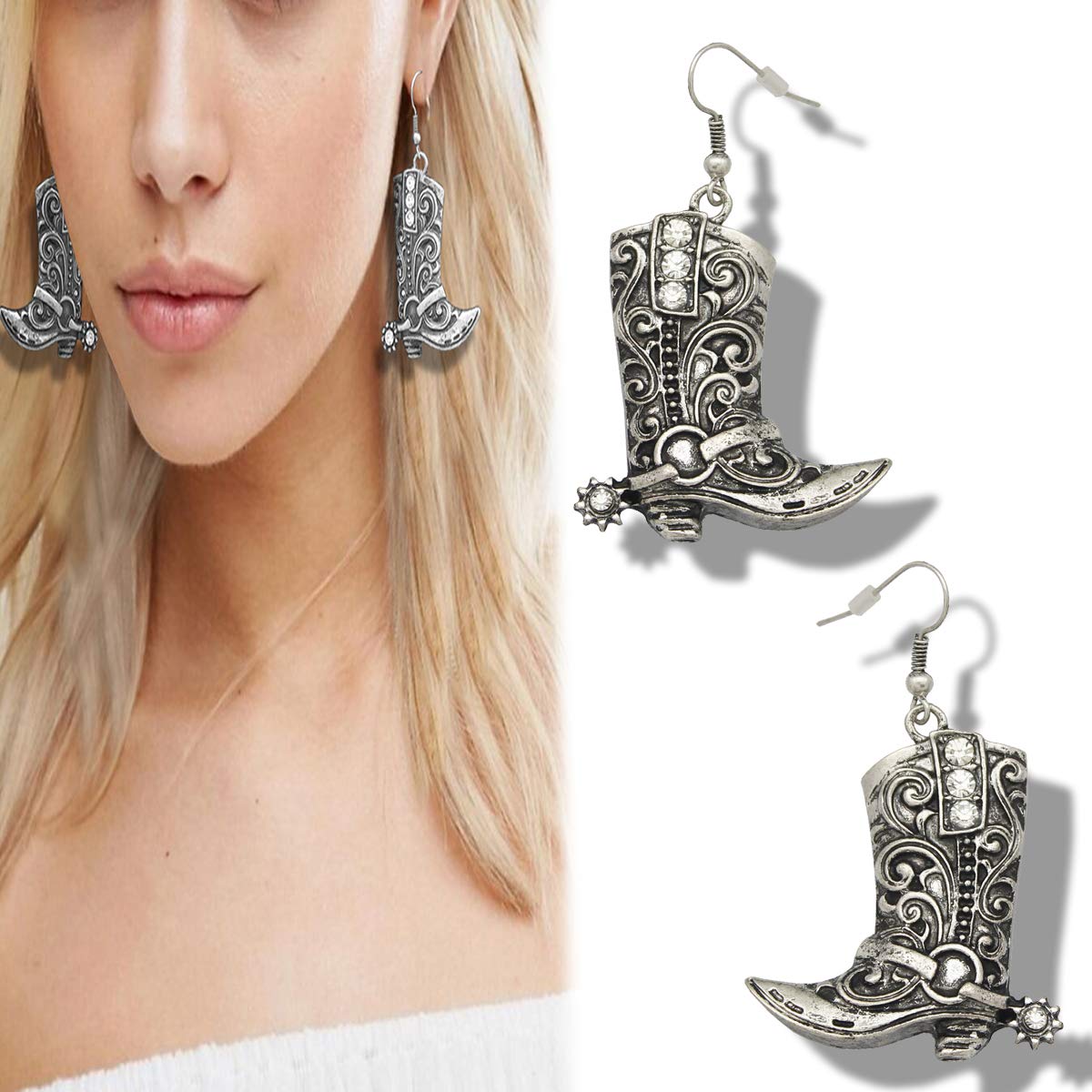 Vintage Silver Western West Cowgirl Texas Boots Spur Dangle Drop Earrings Rodeo Boho Fancy Dress Costume