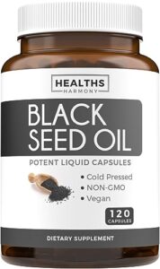 black seed oil - 120 softgel capsules skin health (non-gmo & vegan) cold-pressed nigella sativa producing pure black cumin seed oil with vitamin e - 500mg each, 1000mg per 2 capsule serving