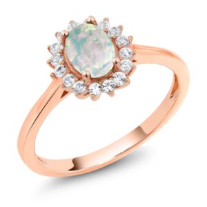 gem stone king 10k rose gold cabochon white simulated opal and white created sapphire engagement ring for women (0.87 cttw, available in size 5, 6, 7, 8, 9)