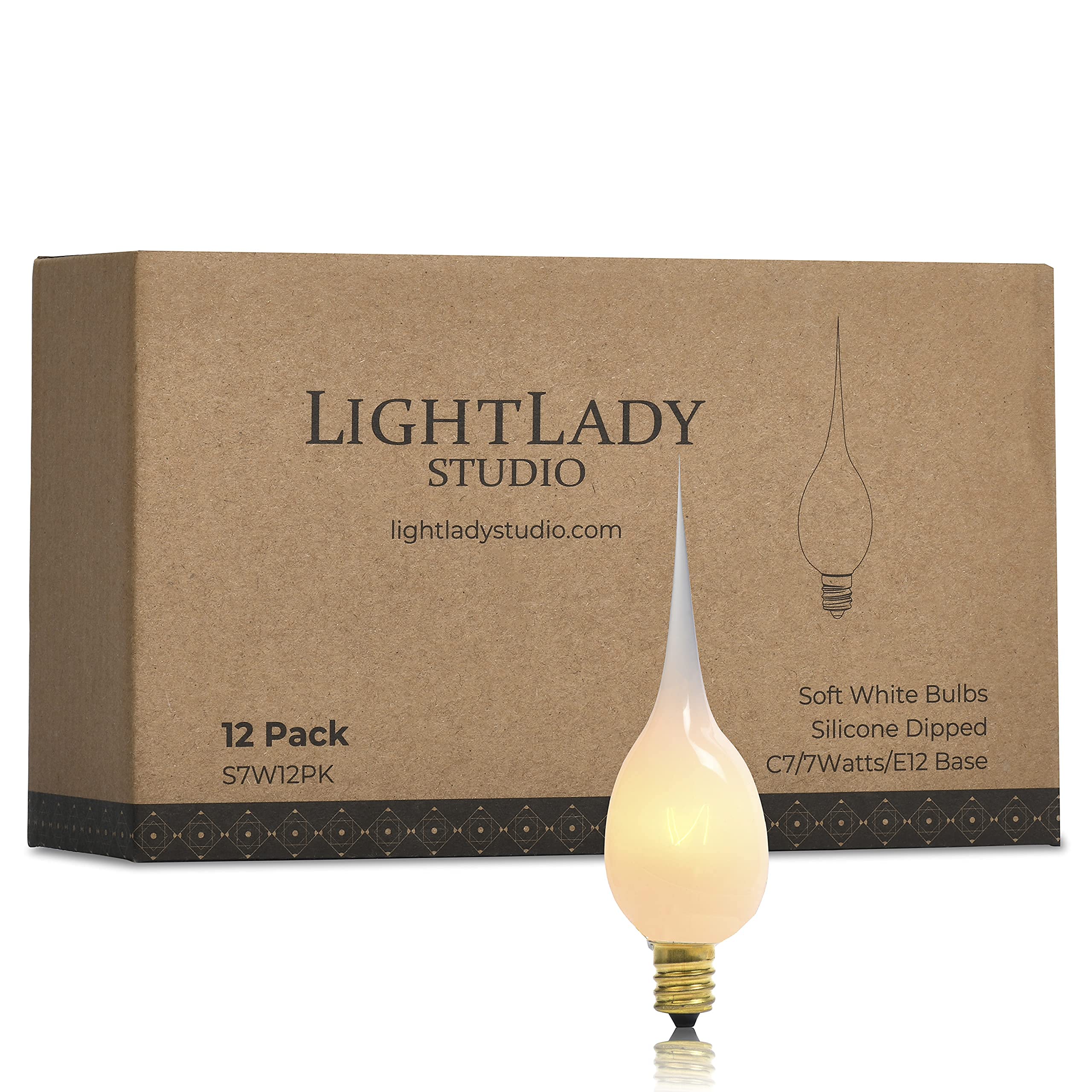 LightLady Studio, Silicone Dipped Candle Light Bulbs, 7 Watts, 12Pk, Silicone Light Bulbs for Candle Lamps, Window Candles, Candelabra, Handmade, Dipped, White, Candle Bulbs Silicone