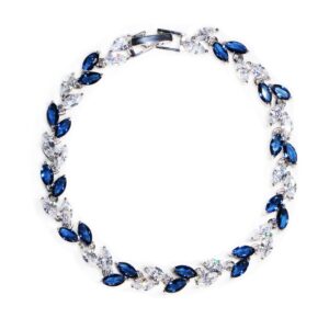 Me&Hz Blue Crystal Bracelet Silver Plated Leaf Bracelet Sapphire Birthstone Wedding Cubic Zirconia Tennis Bracelet for Women September Birthstone Bracelet Gift