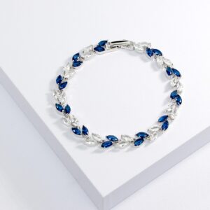 Me&Hz Blue Crystal Bracelet Silver Plated Leaf Bracelet Sapphire Birthstone Wedding Cubic Zirconia Tennis Bracelet for Women September Birthstone Bracelet Gift