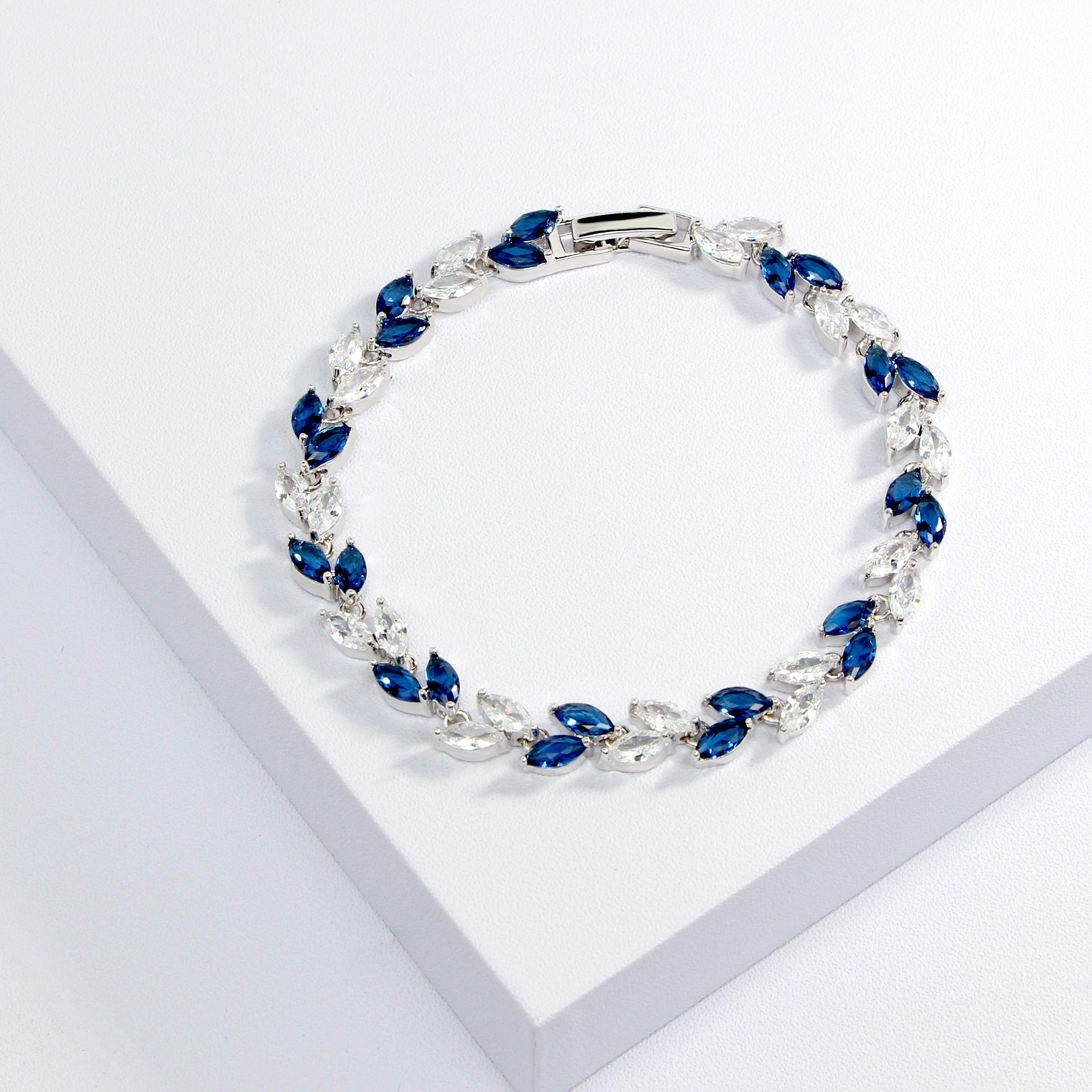 Me&Hz Blue Crystal Bracelet Silver Plated Leaf Bracelet Sapphire Birthstone Wedding Cubic Zirconia Tennis Bracelet for Women September Birthstone Bracelet Gift