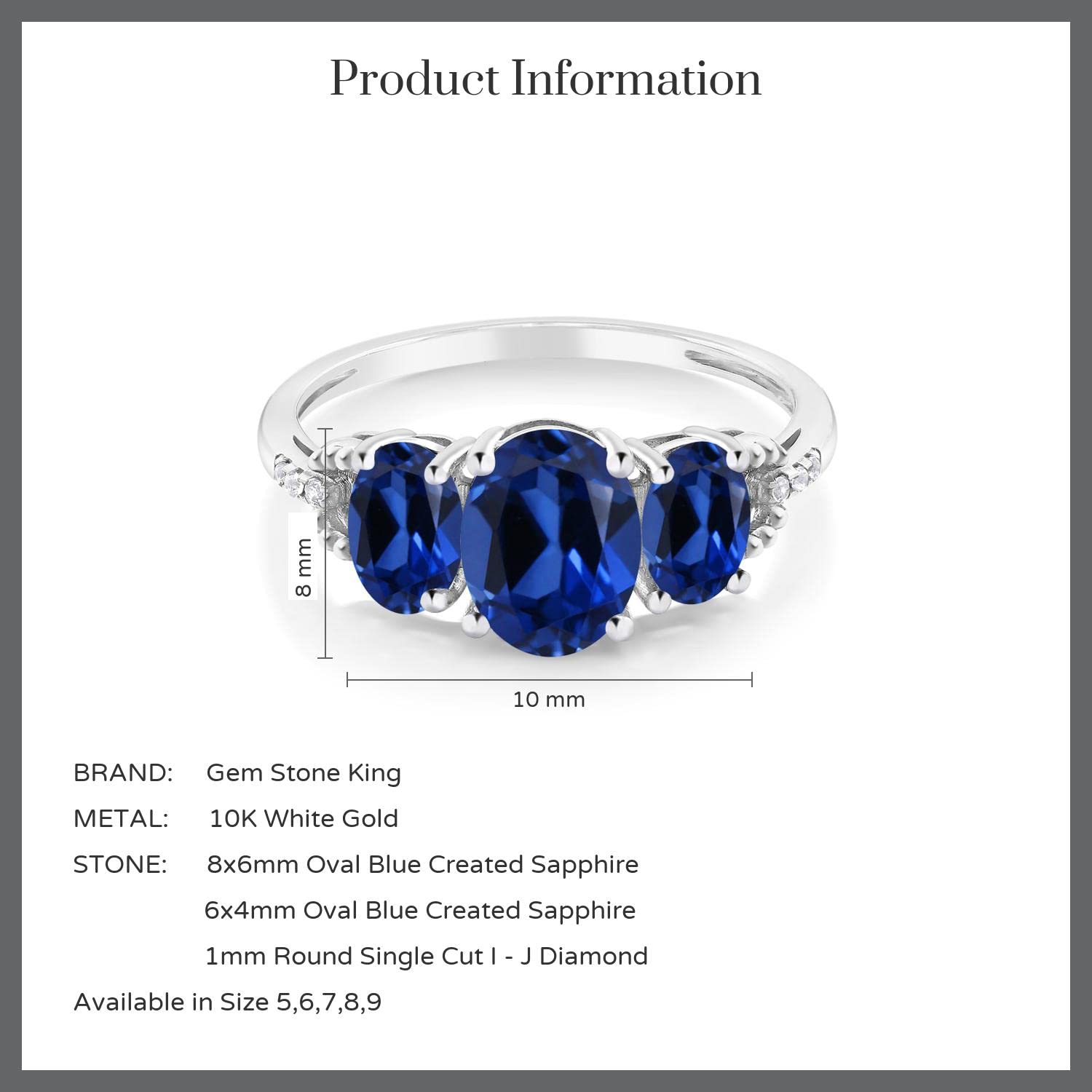 Gem Stone King 10K White Gold Oval Blue Created Sapphire and Diamond Accent 3-Stone Women Engagement Ring (2.65 Cttw) (Size 5)