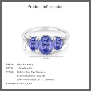 Gem Stone King 2.11 Cttw 10K White Gold Oval Blue Tanzanite and Diamond Accent 3-Stone Engagement Ring | 3 Stone Wedding Anniversary Promise Ring For Women | Available In Size 5-9.5