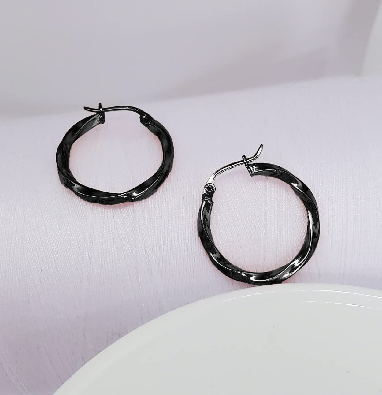 Black Flashed Sterling Silver 2mm Twist Round Hoop Earrings, 20mm