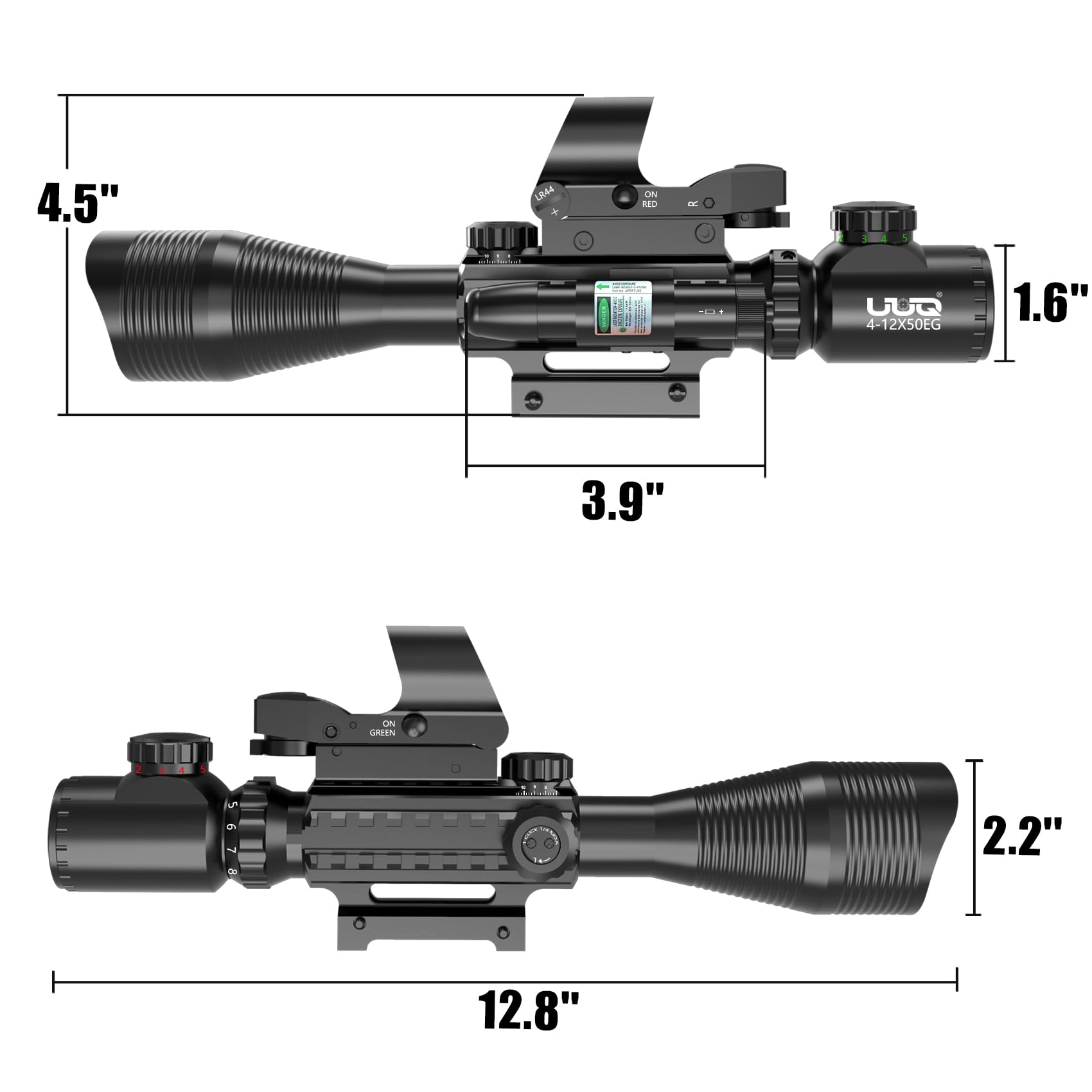 UUQ C4-12X50 Rifle Scope Dual Illuminated Reticle W/Laser Sight and Holographic Dot Reflex Sight (Green Laser W/Upgraded Dot Sight)