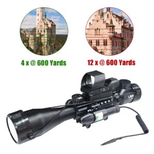 UUQ C4-12X50 Rifle Scope Dual Illuminated Reticle W/Laser Sight and Holographic Dot Reflex Sight (Green Laser W/Upgraded Dot Sight)