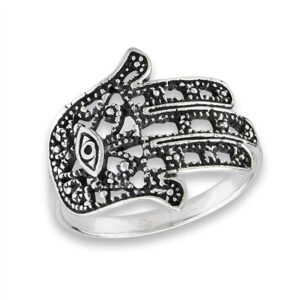 oxidized hand of god evil eye hamsa ring sterling silver filigree band size 7