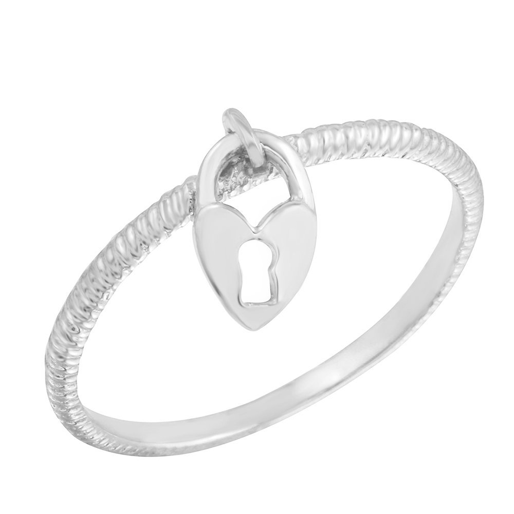 Modern Contemporary Rings Fine 925 Sterling Silver Love Heart Lock Dangle Rope Style Ring (Size 9)