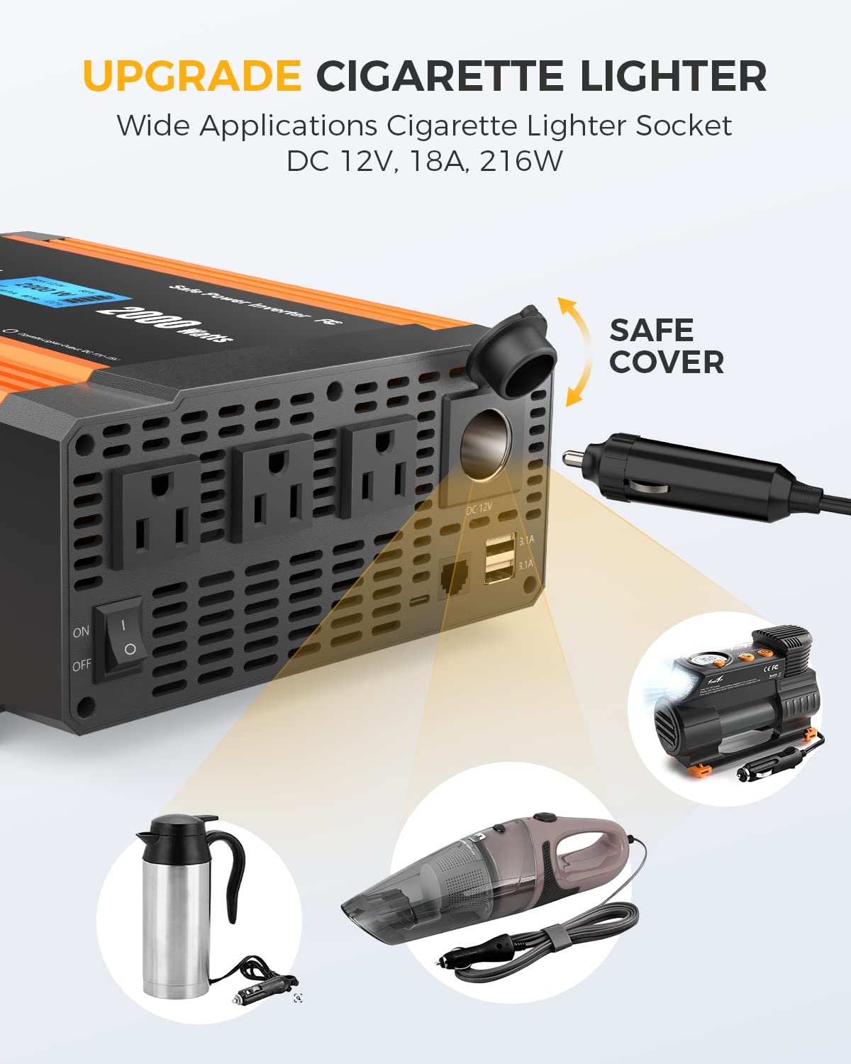 Ampeak 2000W Power Inverter 6.2A Dual USB Ports 3AC Outlets Inverter DC 12V to AC 110V 17 Protections for Truck, Hurricane, Rv