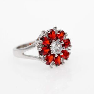 Uloveido Oval Red Stone Flower Rings Women Wedding Party Statement CZ Cocktails White Gold Plated Classic Fashion Ring (size 8) J676