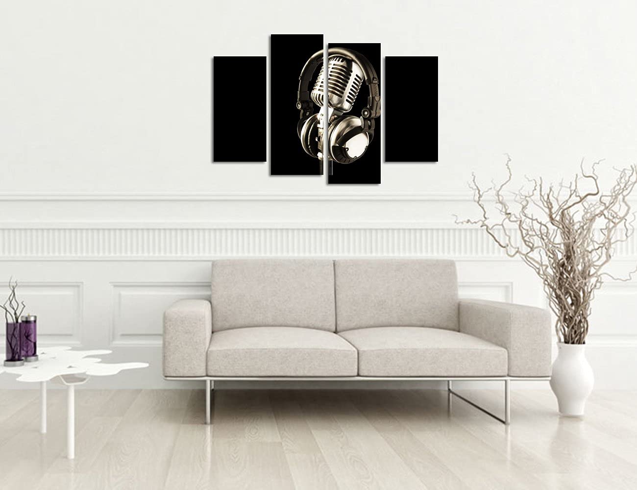 VVOVV Wall Decor Microphone Music Picture Canvas Print Headphone Canvas Wall Art Black and White Musical Painting Contemporary Music Room Decorations Framed Canvas Artwork Large 4 Panels