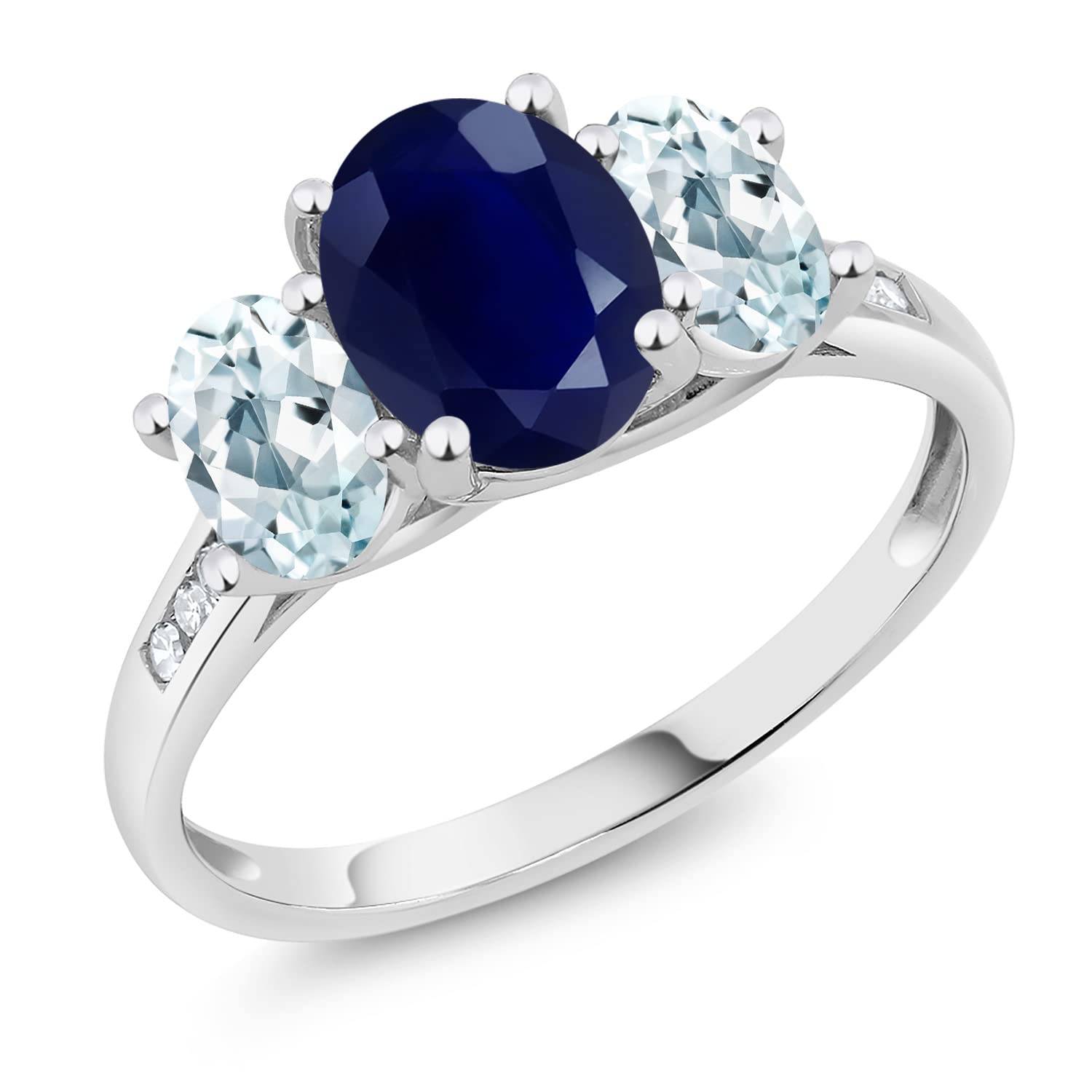 Gem Stone King 10K White Gold Blue Sapphire Sky Blue Aquamarine and White Diamond Oval 3-Stone Engagement Ring For Women (2.65 Cttw, Gemstone September Birthstone, Available In Size 5, 6, 7, 8, 9)