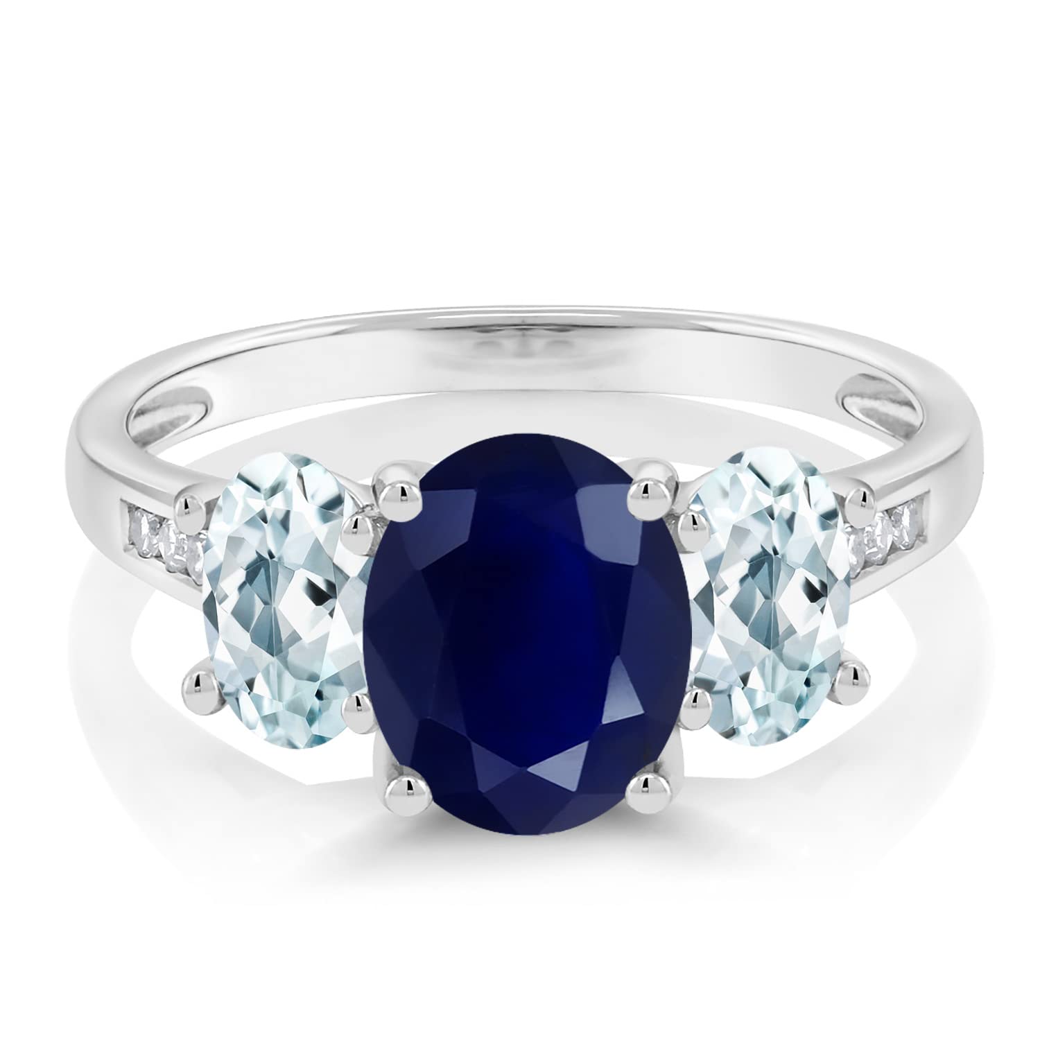 Gem Stone King 10K White Gold Blue Sapphire Sky Blue Aquamarine and White Diamond Oval 3-Stone Engagement Ring For Women (2.65 Cttw, Gemstone September Birthstone, Available In Size 5, 6, 7, 8, 9)