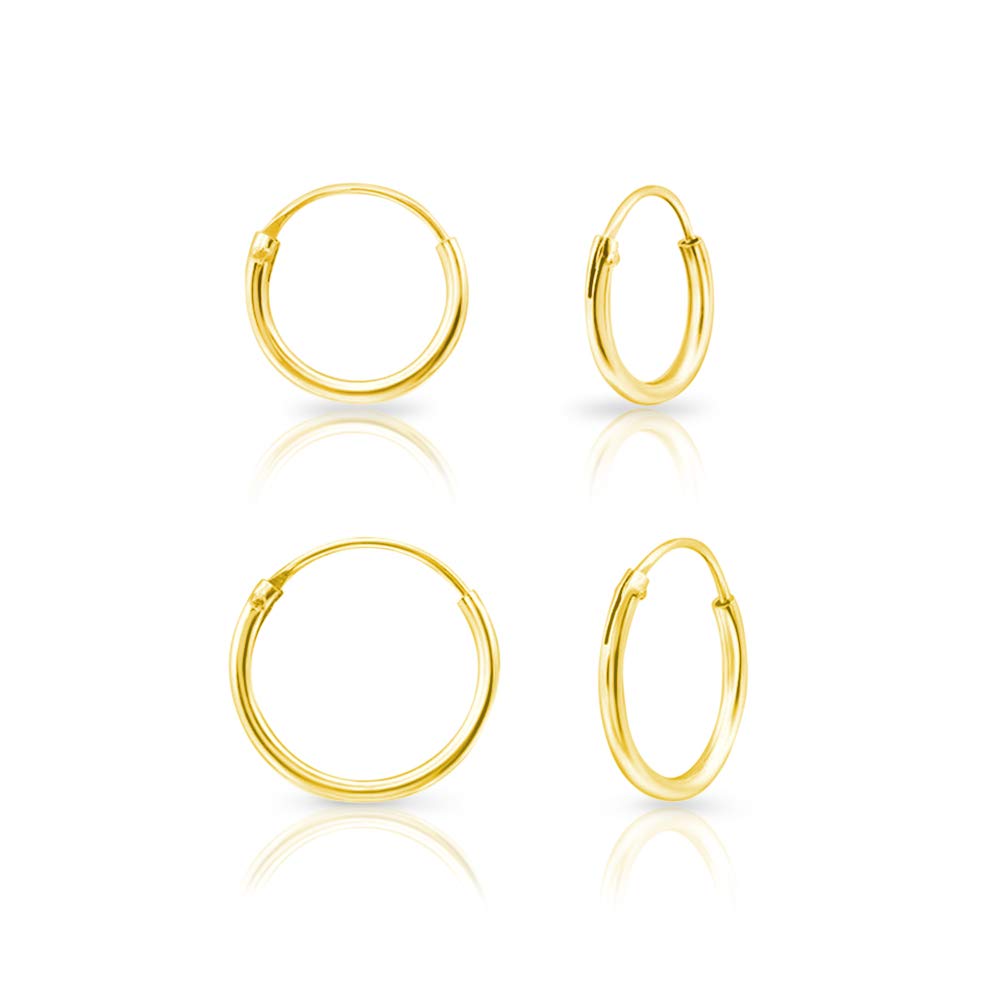 DTPsilver Set of 2 PAIRS of VERY TINY Endless Hoops/Sleepers 925 Sterling Silver 24K Yellow Gold Plated Earrings - Thickness 1.5 mm - Outer Diameter: 10+12 mm