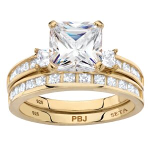 PalmBeach Yellow Gold-Plated or Platinum-Plated Sterling Silver Princess Cut Cubic Zirconia Bridal Ring Set Size 7