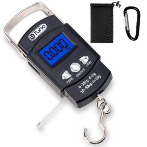 tyhotech fishing scale 110lb/50kg backlit lcd screen portable electronic balance digital fish hook hanging scale with measuring tape ruler, d shape buckle and carry bag included