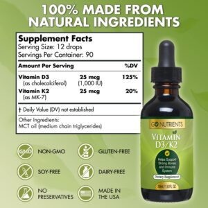 Go Nutrients Liquid Vitamin D3 K2 Drops - for Bone & Heart Health - Fast Absorption Vitamin D Drops for Adults & Kids, GMO-Free, VIT D3 MK7, Supports Immunity & Healing, 1.0 oz. | 90 Servings