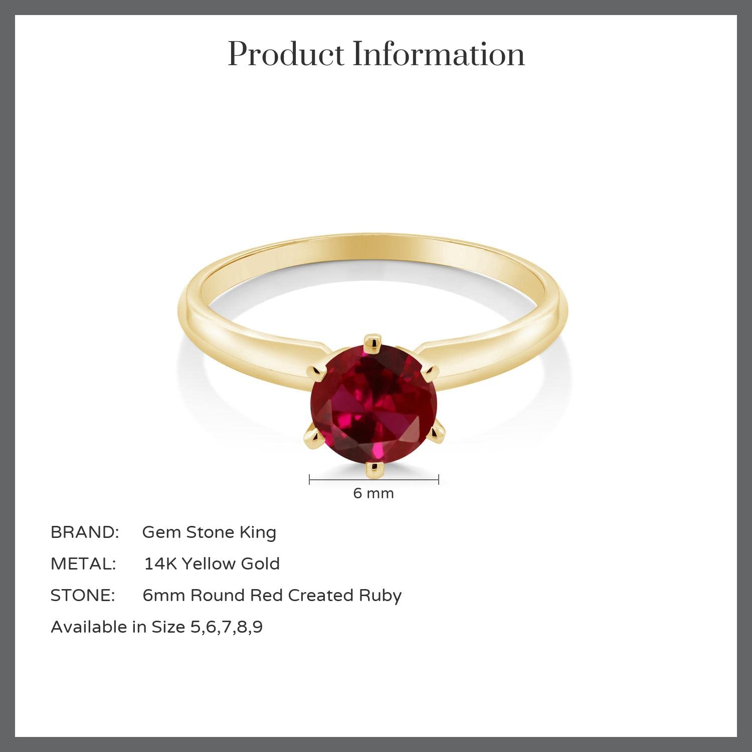 Gem Stone King 14K Yellow Gold Red Created Ruby Engagement Ring | 1.00 Cttw | Round 6MM | Wedding Solitaire Anniversary Promise Gold Ring For Women | Available In Size 5, 6, 7, 8, 9