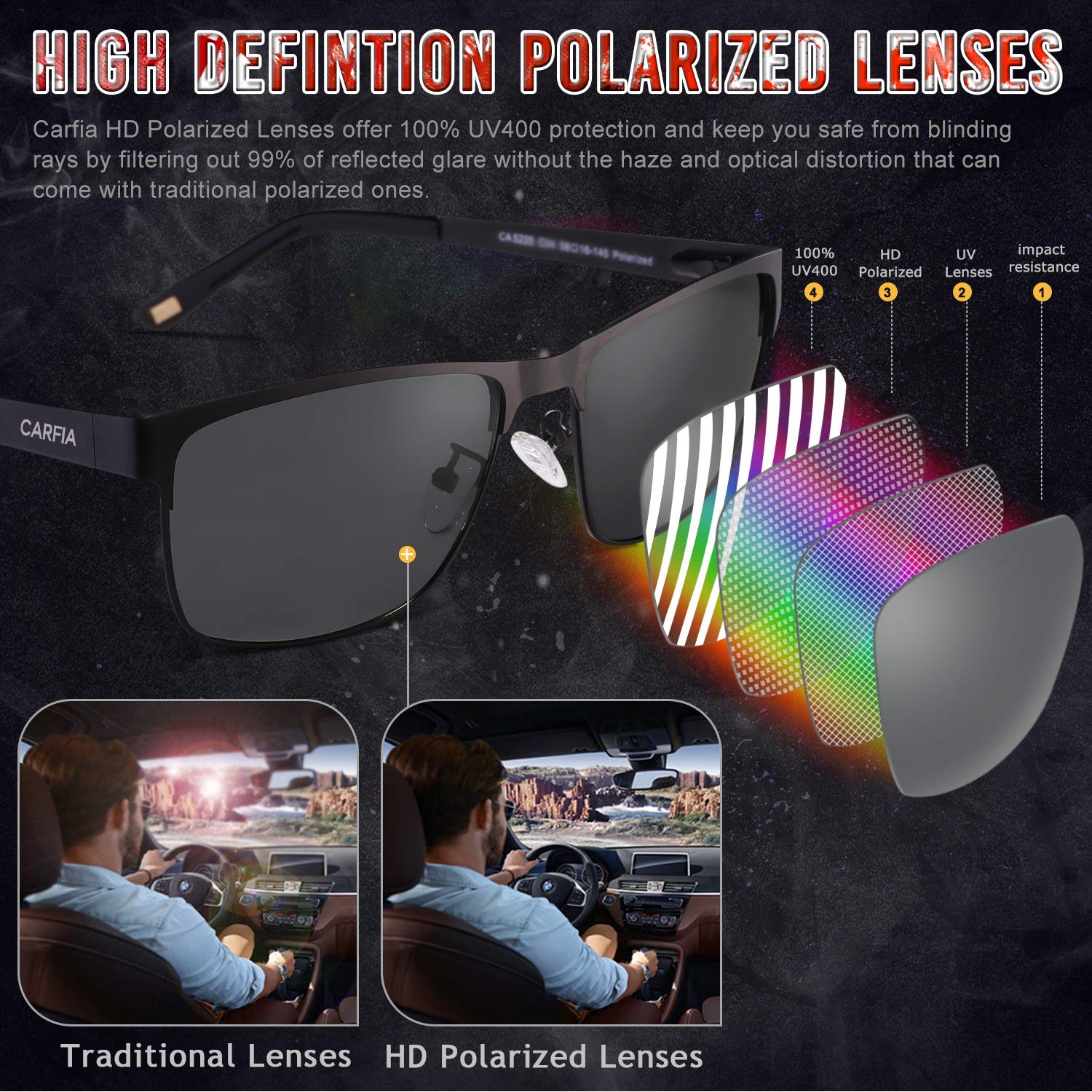 CARFIA Metal Mens Sunglasses Polarized UV400 Protection for Driving Fishing Hiking Golf Everyday Use