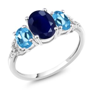 gem stone king 10k white gold blue sapphire swiss blue topaz and diamond accent 3-stone women's engagement ring 2.84 ct oval (size 9)