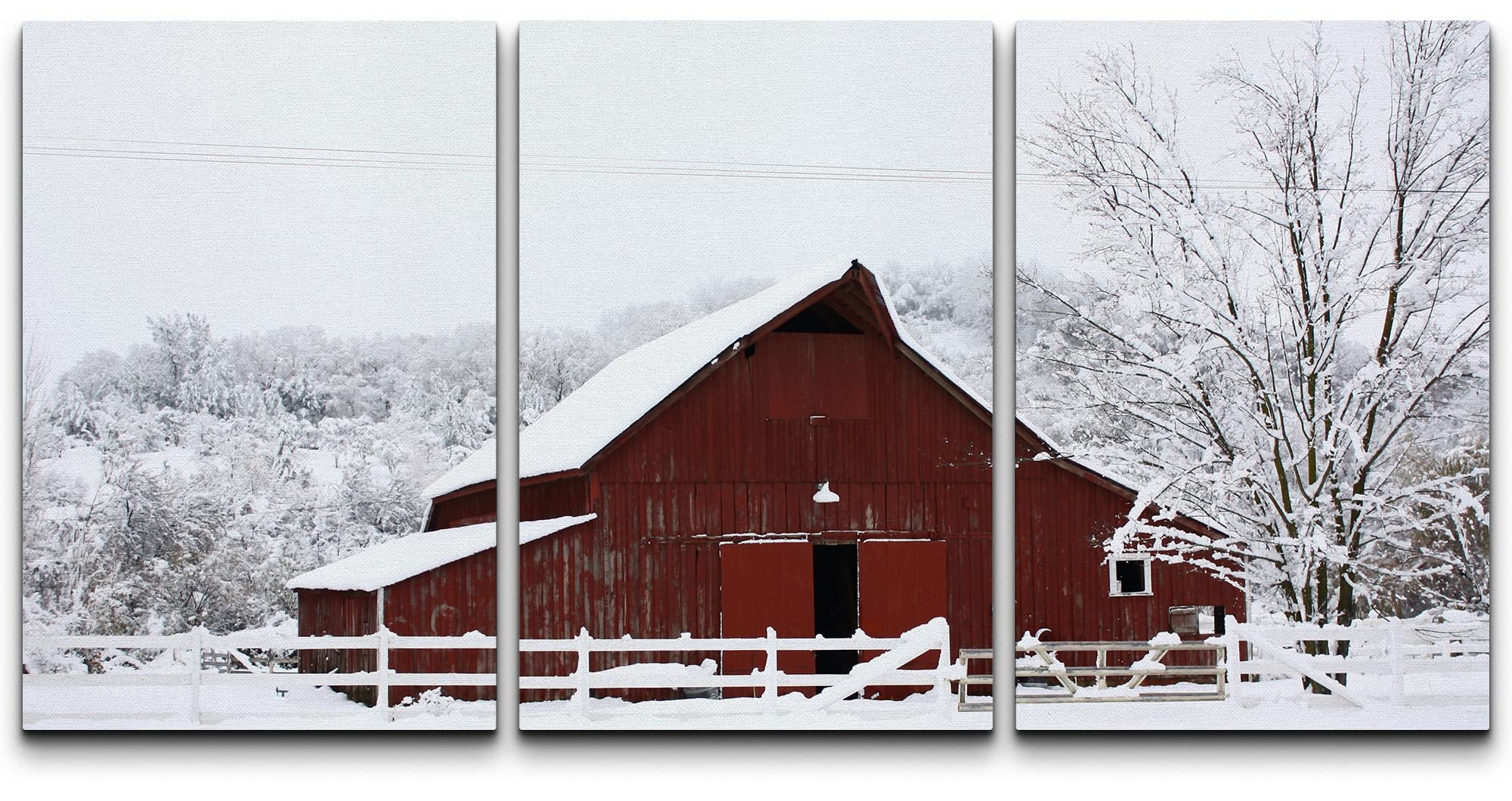 wall26 Canvas Print Wall Art Set Big Red Country Barn in Forest Snow Nature Wilderness Photography Realism Rustic Scenic Colorful Travel Ultra for Living Room, Bedroom, Office - 16"x24"x3 Panels