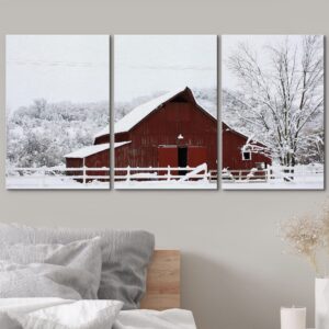 wall26 Canvas Print Wall Art Set Big Red Country Barn in Forest Snow Nature Wilderness Photography Realism Rustic Scenic Colorful Travel Ultra for Living Room, Bedroom, Office - 16"x24"x3 Panels