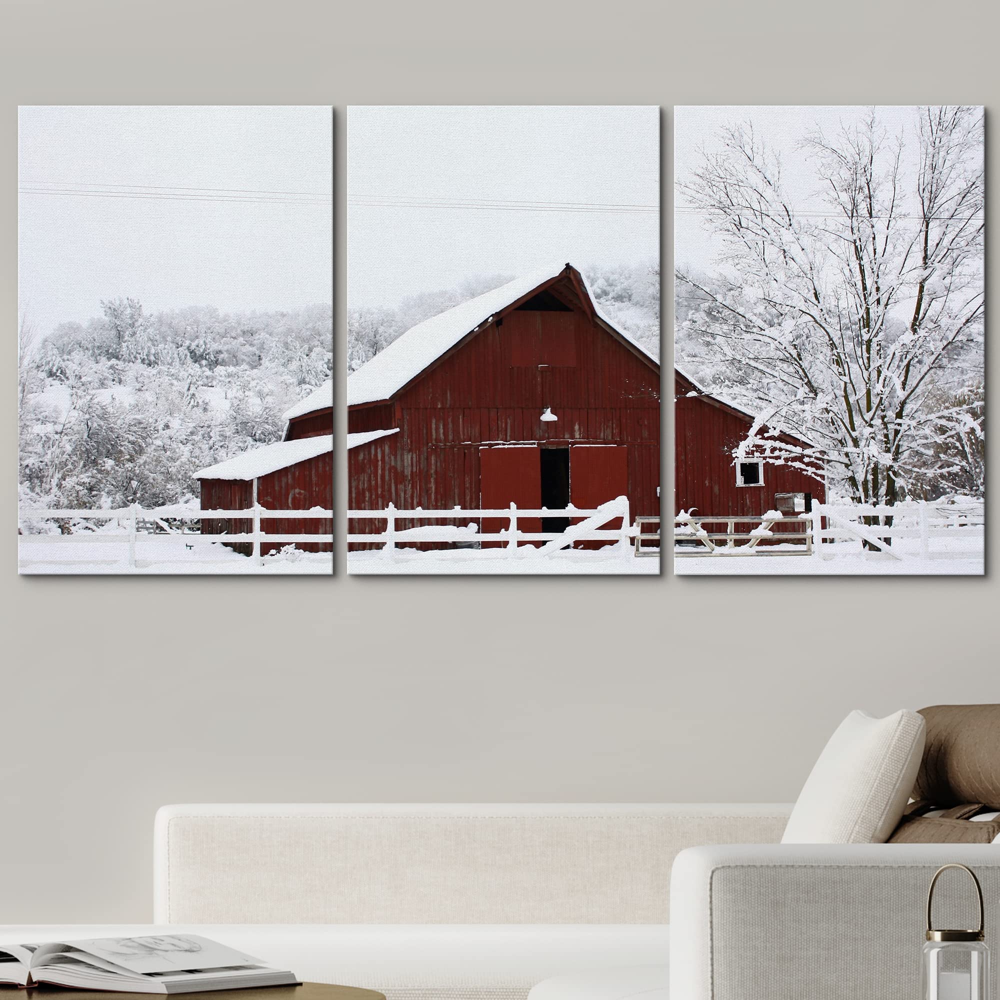 wall26 Canvas Print Wall Art Set Big Red Country Barn in Forest Snow Nature Wilderness Photography Realism Rustic Scenic Colorful Travel Ultra for Living Room, Bedroom, Office - 16"x24"x3 Panels