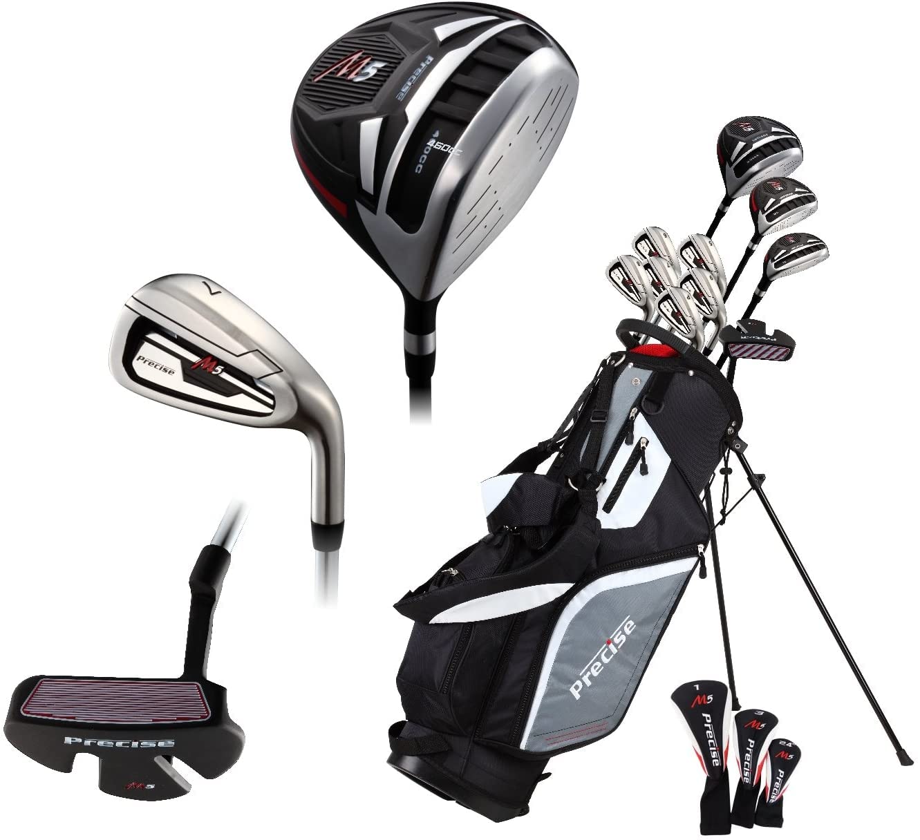 Top Line Men's M5 Golf Club Set , Left Handed Only, Includes Driver, Wood, Hybrid, 5, 6, 7, 8, 9, PW Stainless Steel Irons with True Temper Steel Shaft, Putter, Stand Bag & 3 Headcovers