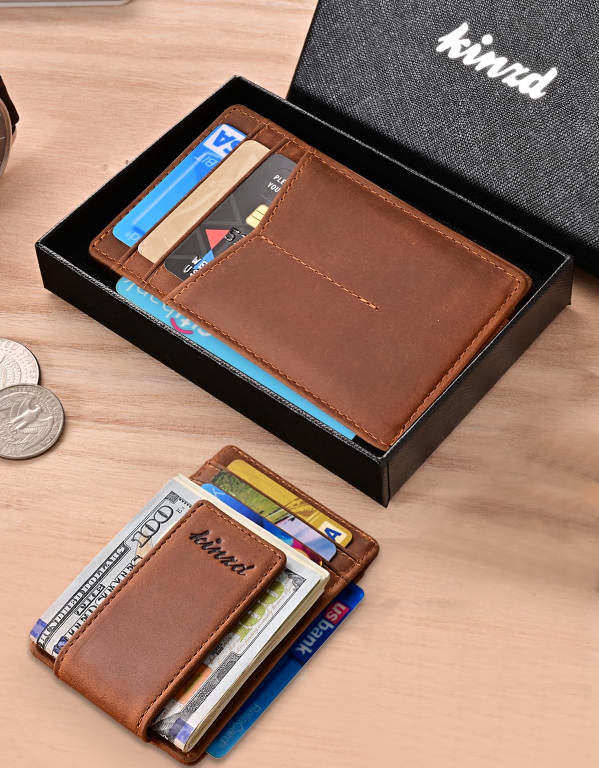 kinzd Money Clip Crazy Horse Leather Slim Minimalist Wallet for Men RFID Blocking Strong Magnet Money Clips Front Pocket Wallet