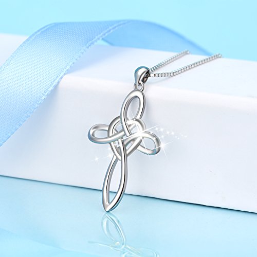 YFN Celtic Knot Cross Necklace 18k White Gold Tone Sterling Silver Infinity Love Heart Pendant Necklace 20" for Women