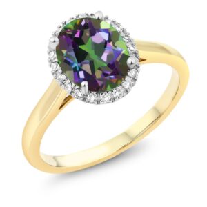 gem stone king 10k 2-tone gold oval green mystic topaz and diamond halo engagement ring for women (2.44 cttw, gemstone birthstone) (size 6)