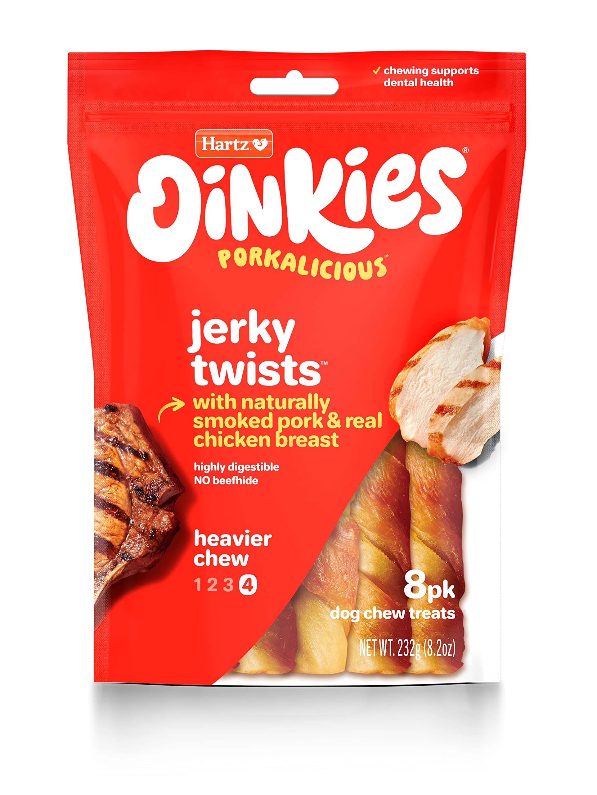 Hartz Oinkies Porkalicious Smoked Pig Skin Chicken Jerky Twists Dog Treats, 8 Count