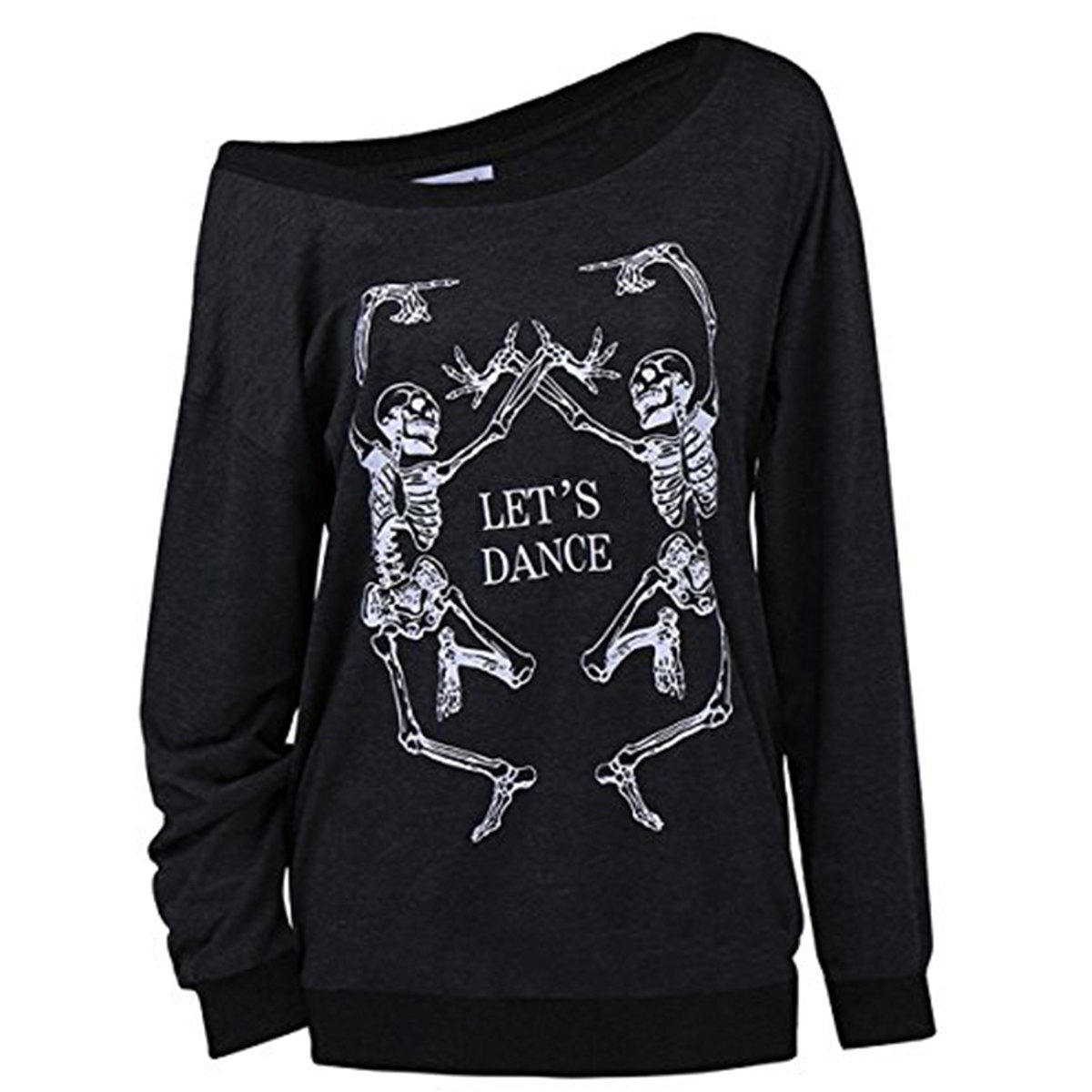 LuFeng Women's Christmas Halloween Off Shoulder Skeleton Printing Funny T-Shirt Long Sleeve Sweatshirts Pullover Tops Black