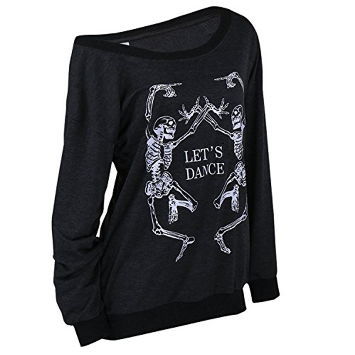 LuFeng Women's Christmas Halloween Off Shoulder Skeleton Printing Funny T-Shirt Long Sleeve Sweatshirts Pullover Tops Black