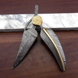 8" hand forged Damascus steel leaf folding pocket knife custom made, Engraved Damascus scale with bras art work cow leather sheath (Damascus) (Full Damascus)