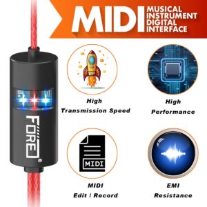 FORE MIDI to USB Interface MIDI Cable Adapter with Input&Output Connecting with Keyboard/Synthesizer for Editing&Recording Track work with Windows/Mac OS for Studio USB 2.0 Color Red - 6.5Ft