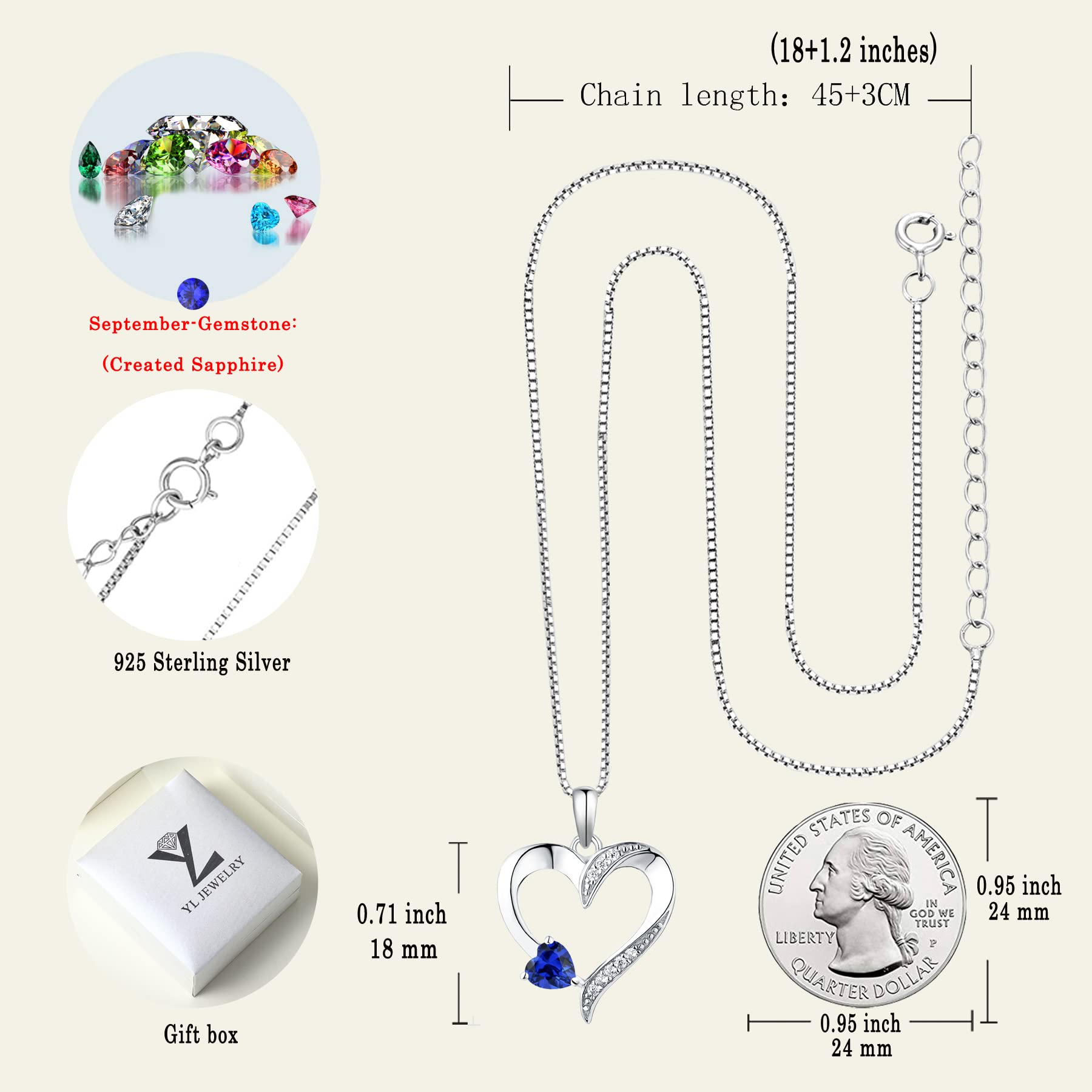 YL Heart Necklace 925 Sterling Silver Love Heart Pendant with 5MMx5MM Heart Blue Sapphire Jewelry for Women Girlfriend