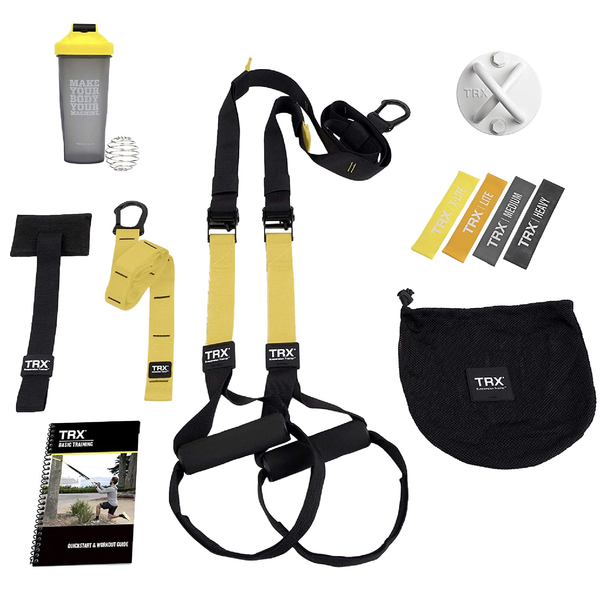 TRX Training All-in-One Suspension-Trainer Exercise Equipment Bundle with XMount Wall Anchor, 4 Strength-Exercise Bands, and Shaker Bottle, 10 Items Total