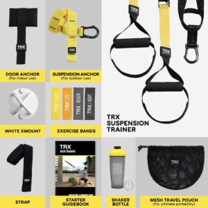 TRX Training All-in-One Suspension-Trainer Exercise Equipment Bundle with XMount Wall Anchor, 4 Strength-Exercise Bands, and Shaker Bottle, 10 Items Total