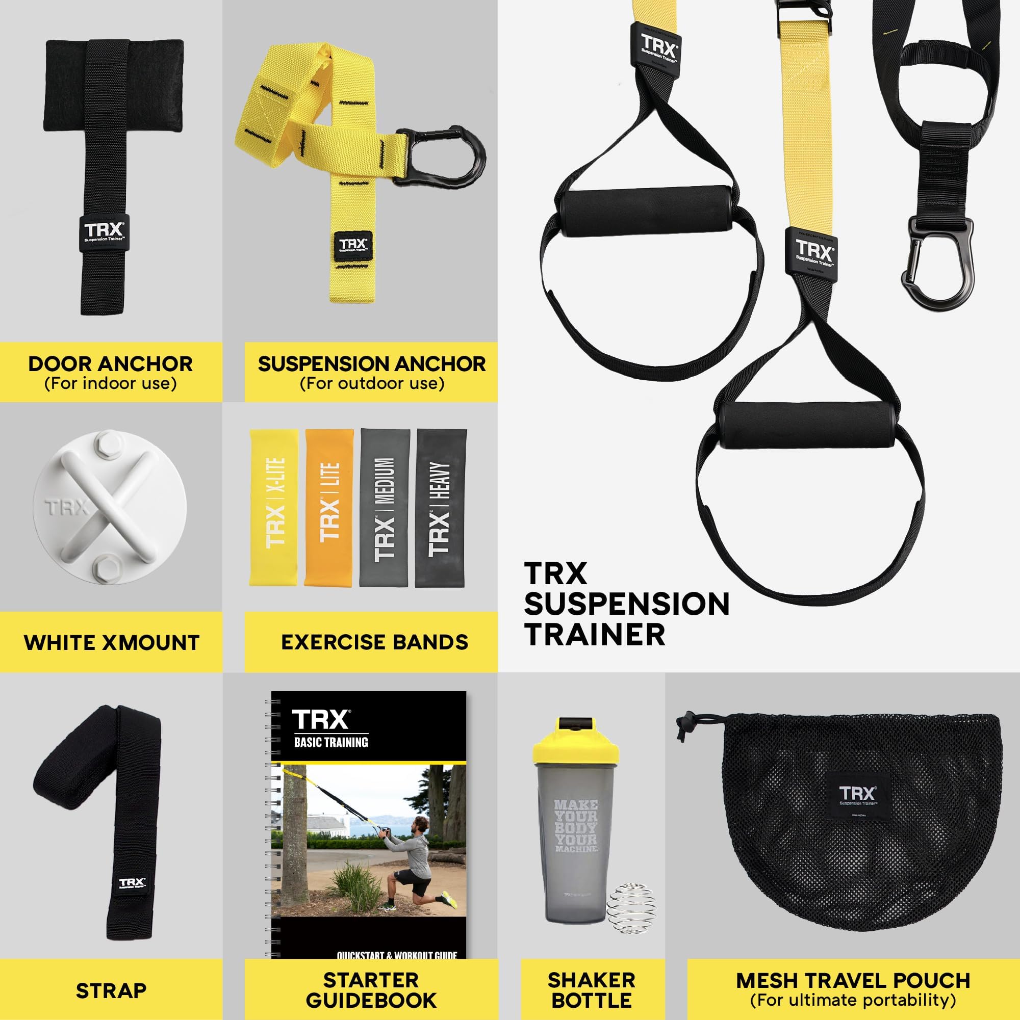 TRX Training All-in-One Suspension-Trainer Exercise Equipment Bundle with XMount Wall Anchor, 4 Strength-Exercise Bands, and Shaker Bottle, 10 Items Total