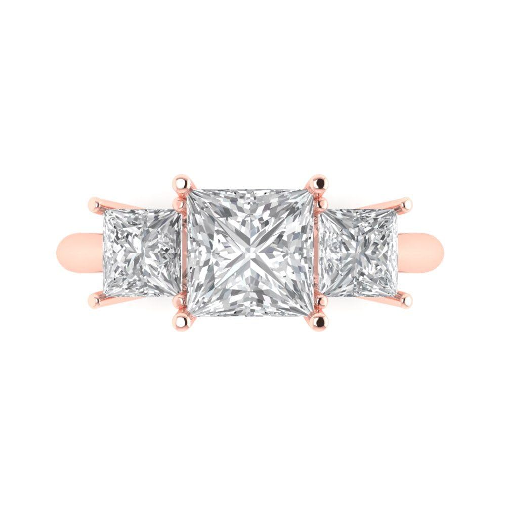 2.62 Ct Princess Cut Clear Simulated Diamond 14K Rose Gold Solitaire with Accents 3 Stone Engagement Promise Ring Sz 5.75